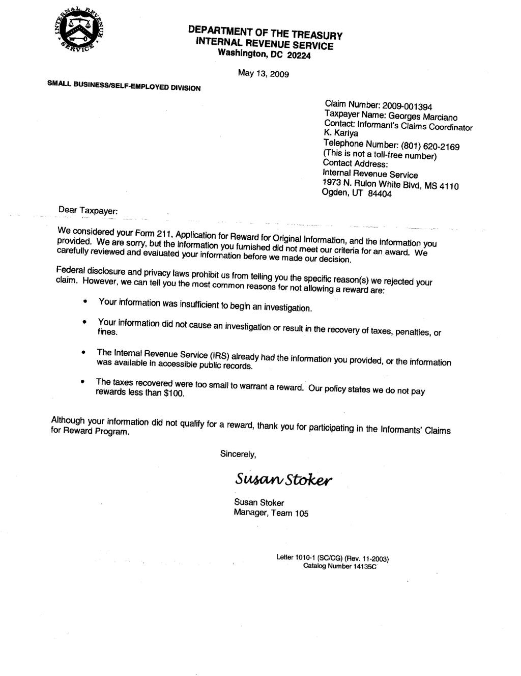 Dept of Treasury IRS Whistleblower letter