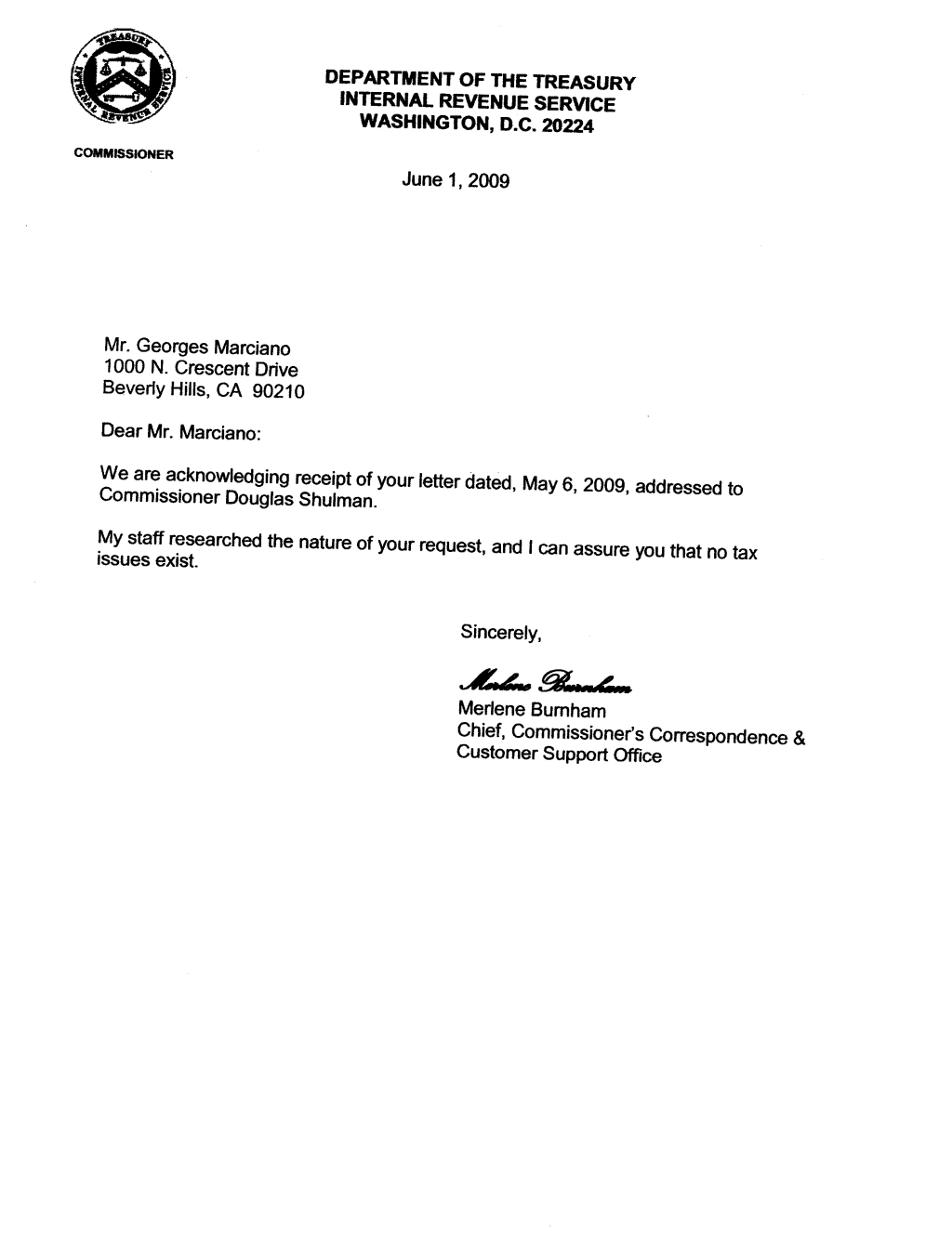 dept treas IRS letter June 1 to Georges